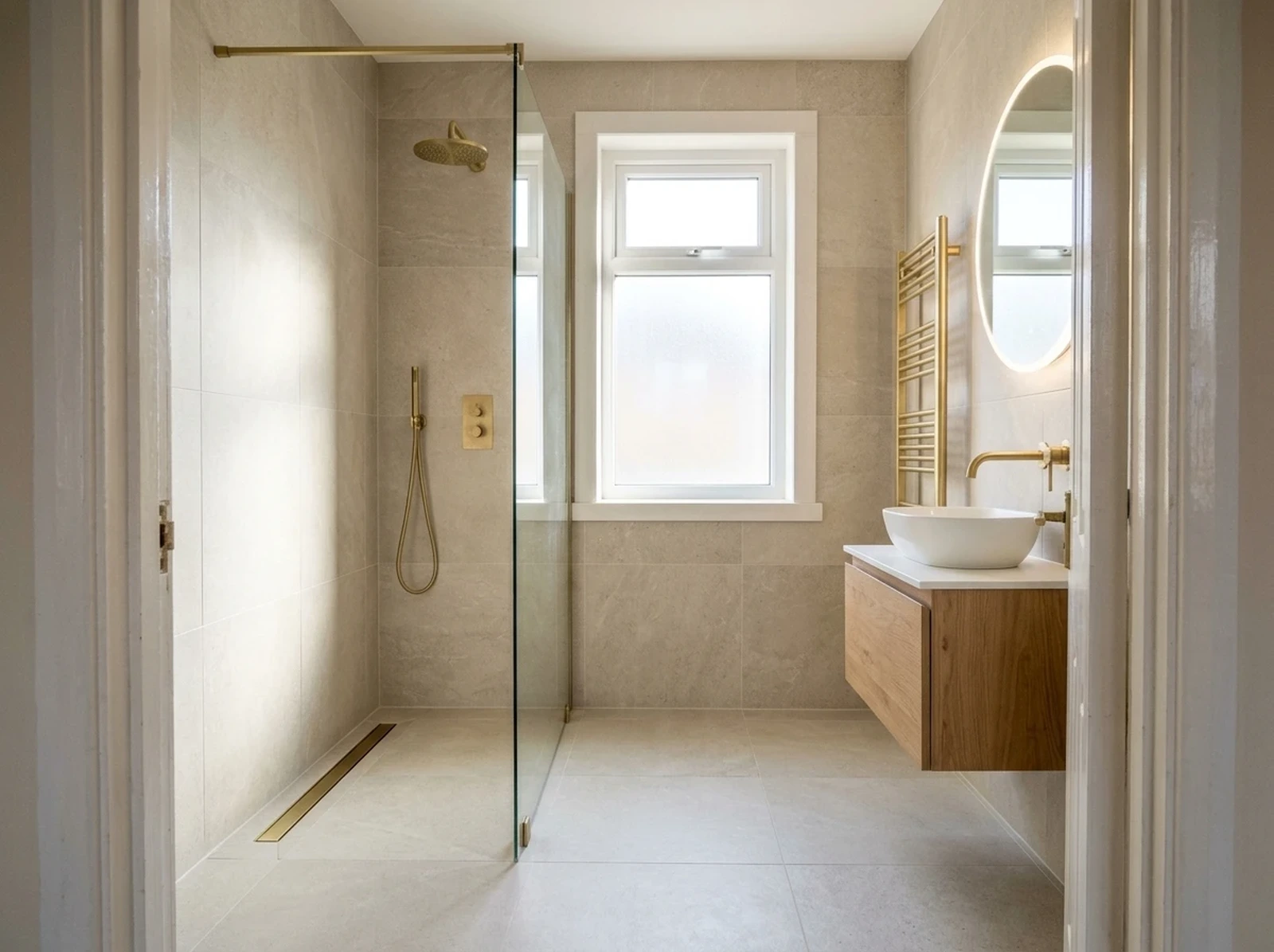 Finished walk-in wetroom in Stanwix with limestone-effect porcelain and brushed brass rainfall shower