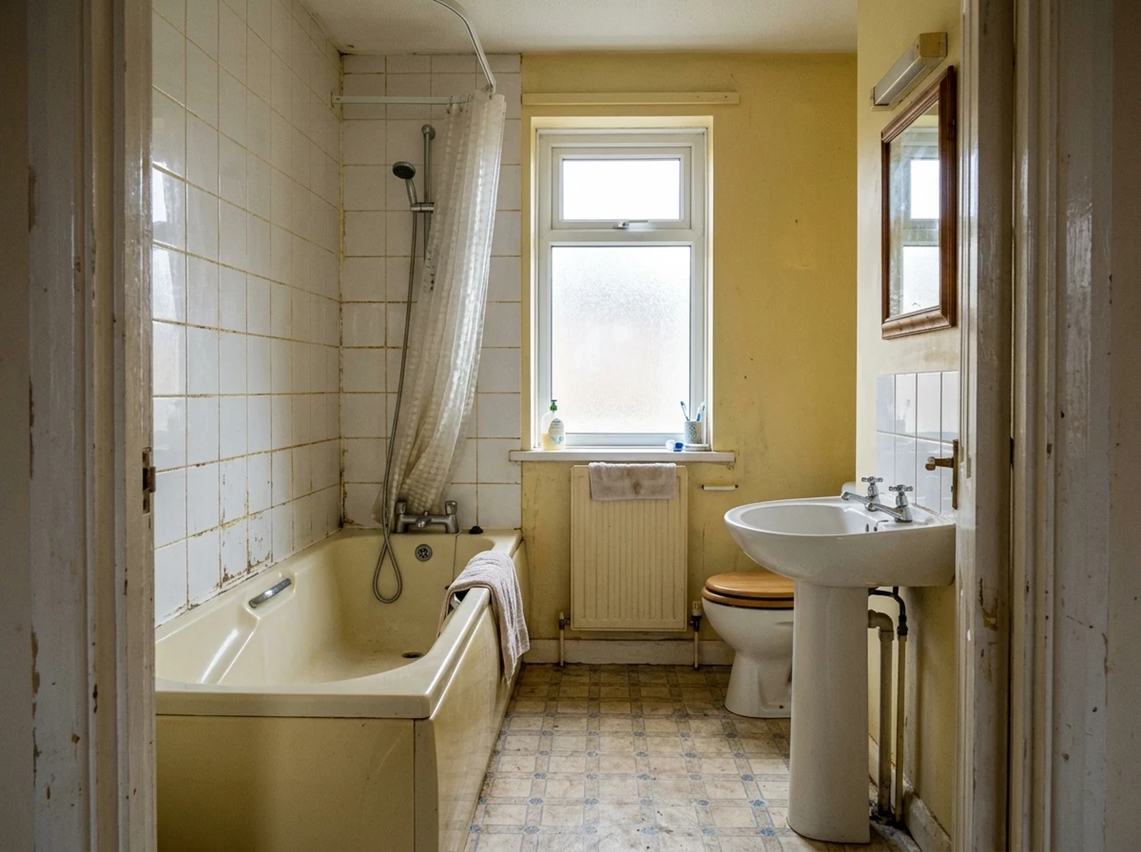 Before: the Stanwix bathroom with a 1990s high-sided acrylic bath, shower over the bath and worn tiles