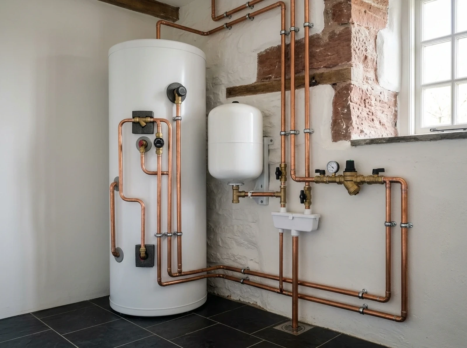210L Heatrae Sadia Megaflo unvented cylinder with soldered copper pipework, tundish and expansion vessel in a Brampton cottage