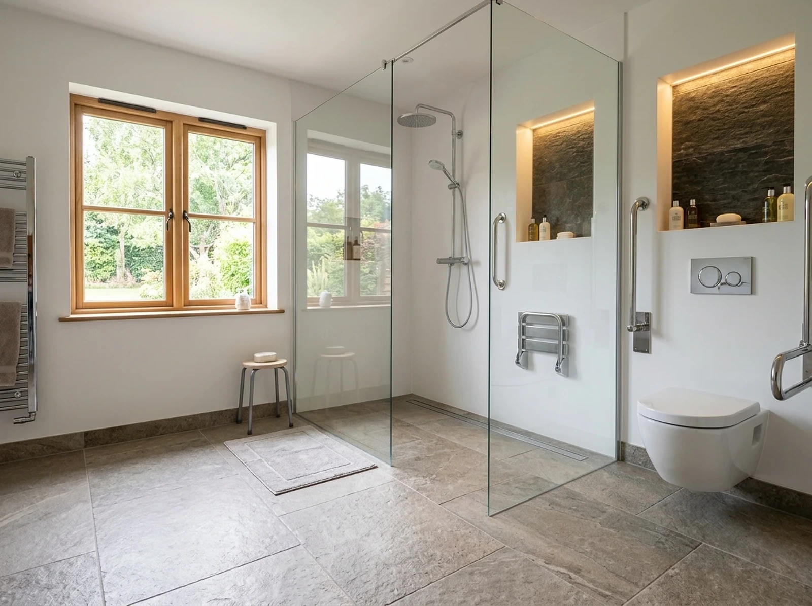 Accessible bungalow wetroom with a flush stone floor running into the shower area, frameless glass panels, a linear drain, a fold-down shower seat, grab rails, illuminated stone niches and a wall-hung WC