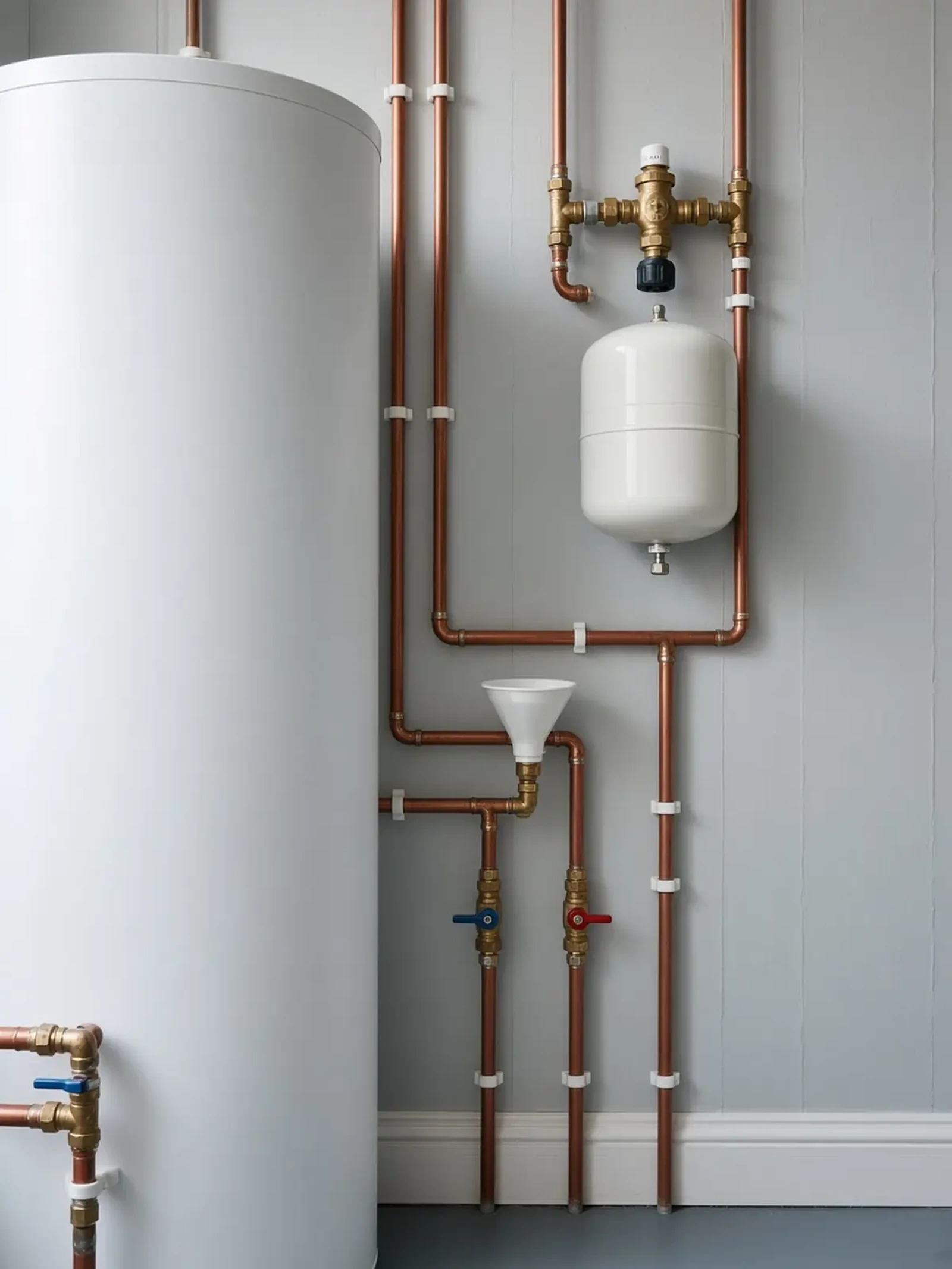 Technical plate of an unvented hot water cylinder with its inlet control group, expansion vessel and copper discharge pipework